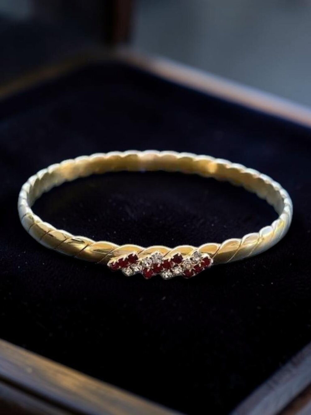 Vintage Gold Plated Red and Clear CZ Bangle Bracelet Quiet Luxury 7 3/4 in